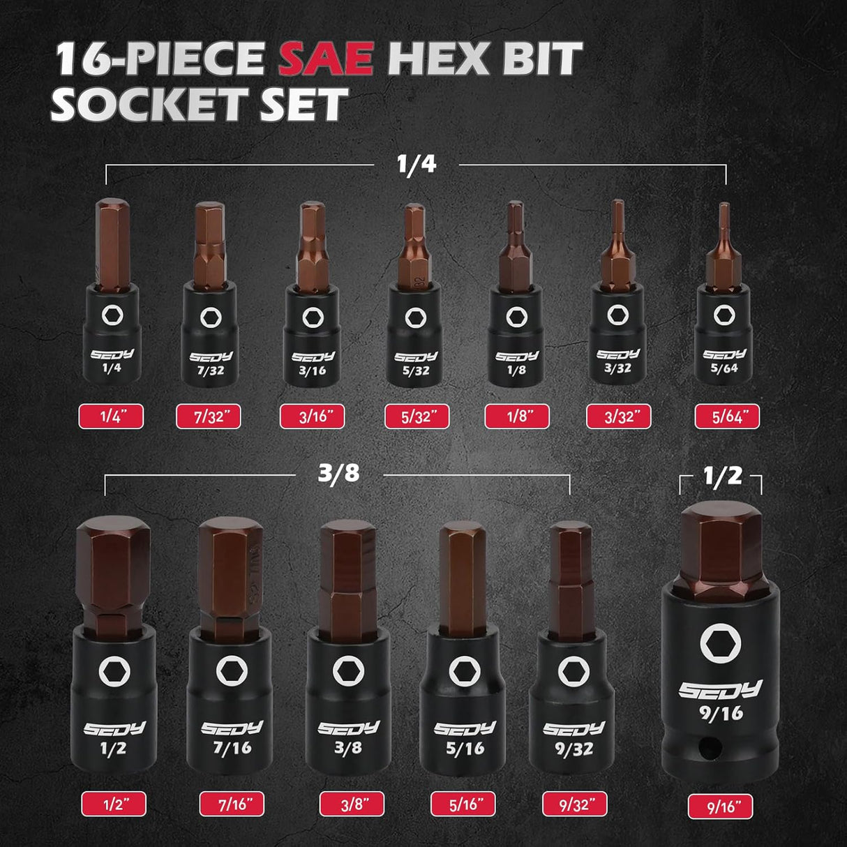 SEDY 16-Piece Allen-Wrench Hex Bit Socket Set with Magnetic Rail Organizer for Professional Use