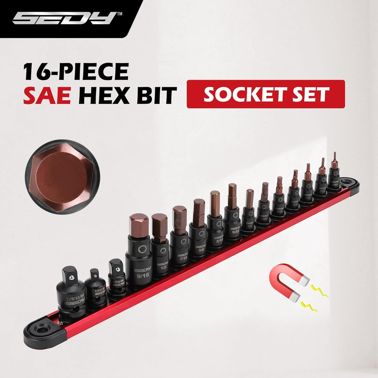 SEDY 16-Piece Allen-Wrench Hex Bit Socket Set with Magnetic Rail Organizer for Professional Use
