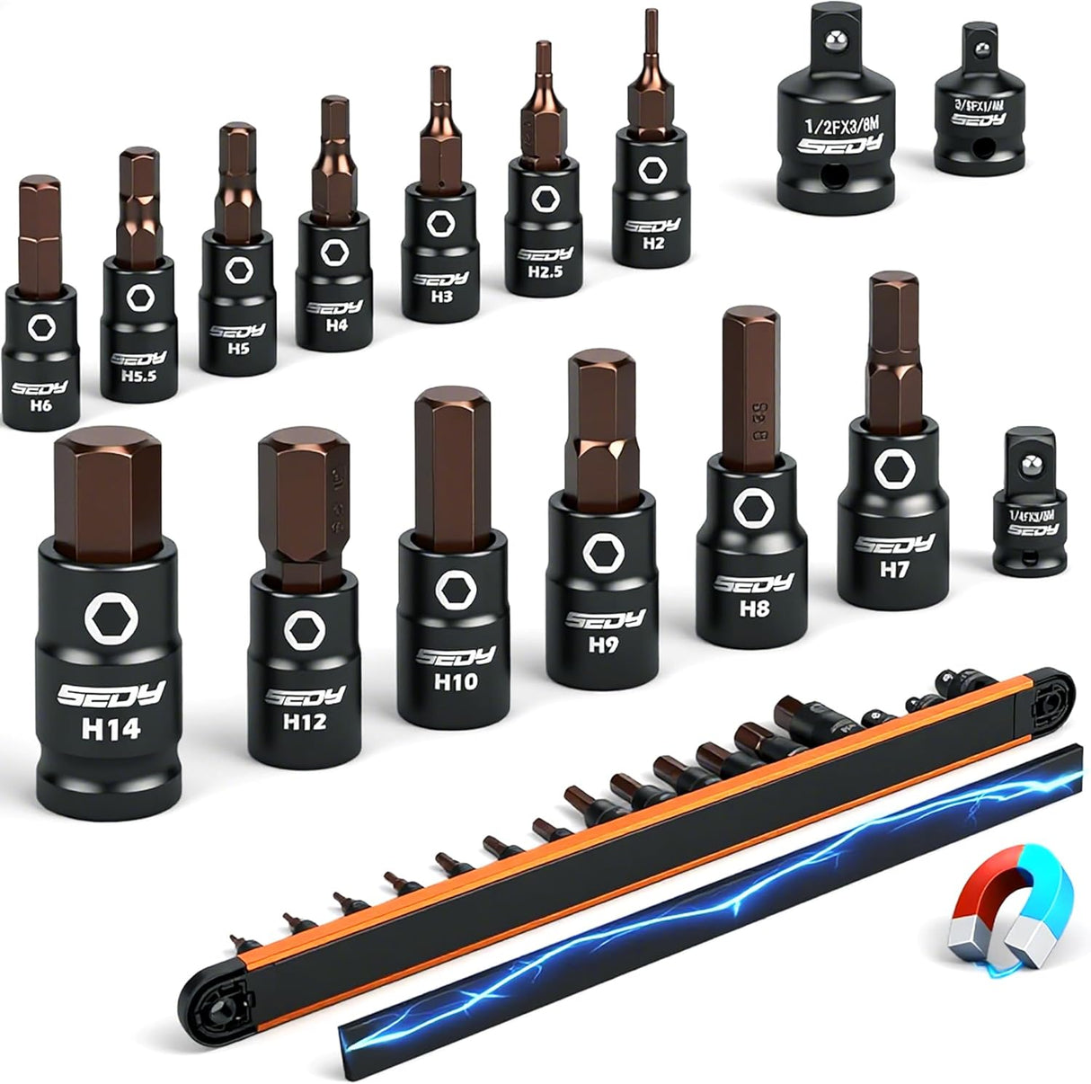 SEDY 16-Piece Metric Hex Bit Socket Set with Magnetic Rail for Easy Storage and Access