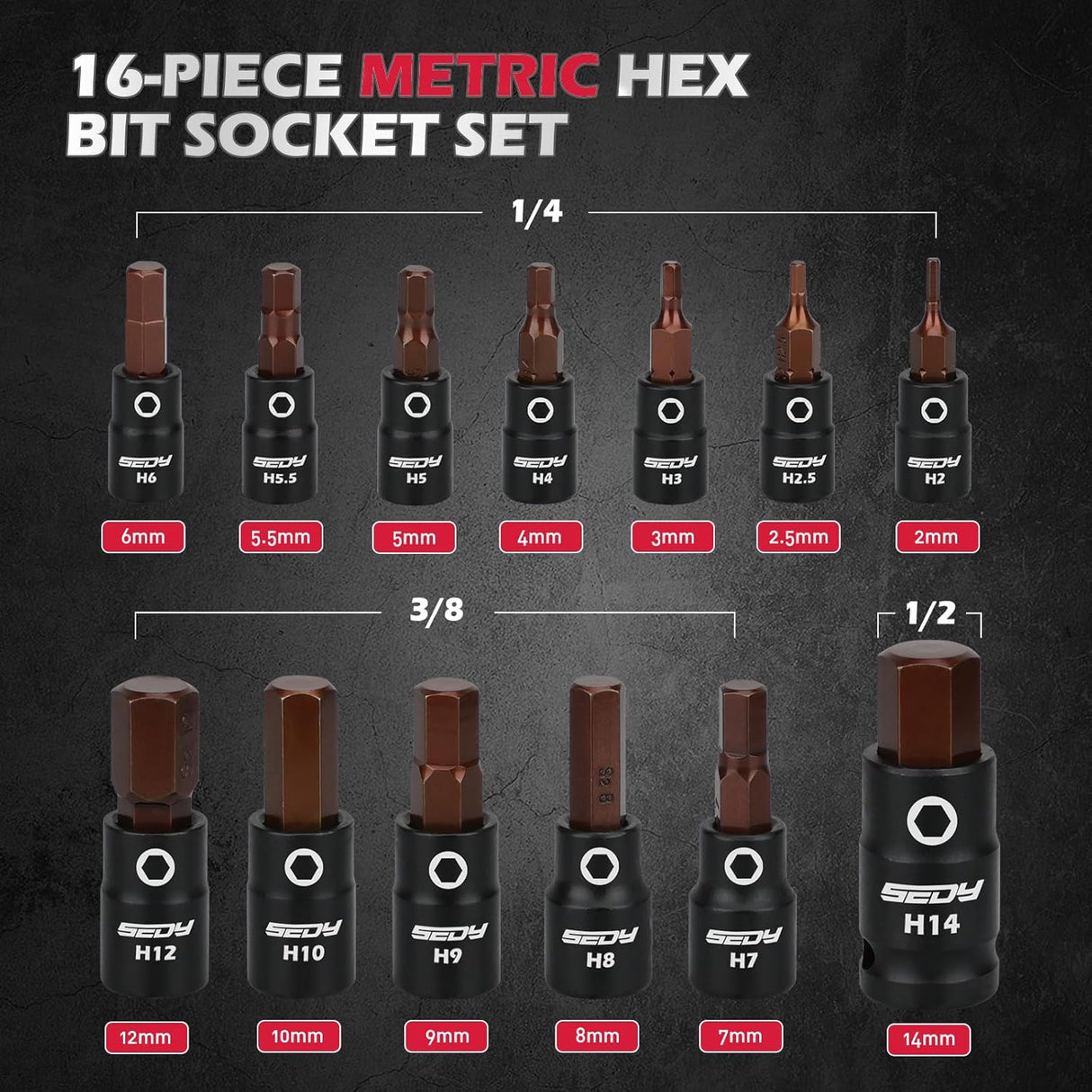 SEDY 16-Piece Metric Hex Bit Socket Set with Magnetic Rail for Easy Storage and Access