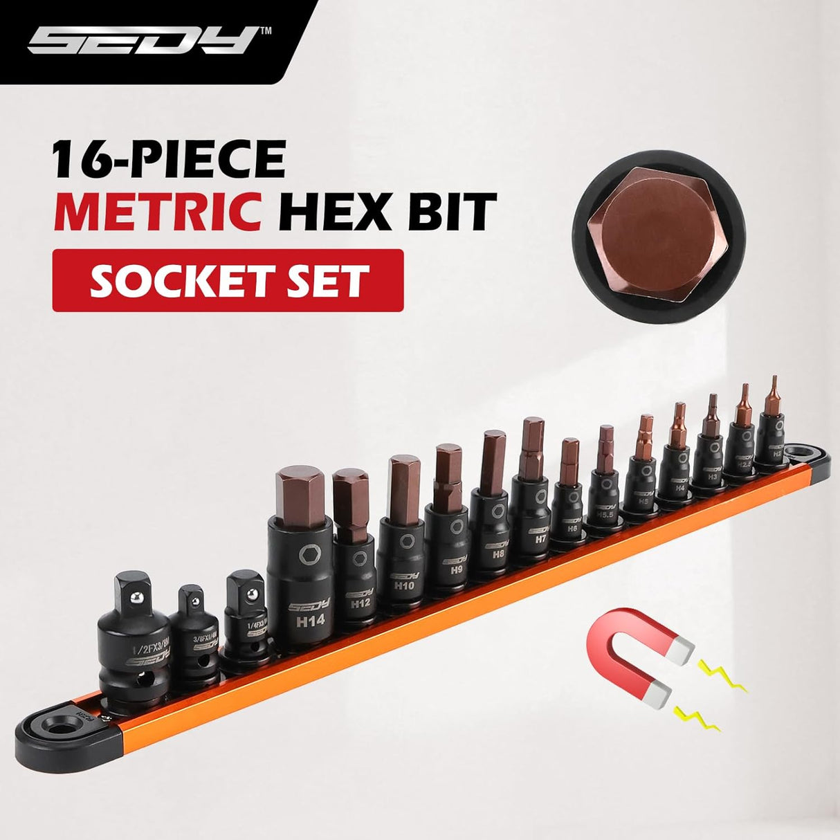 SEDY 16-Piece Metric Hex Bit Socket Set with Magnetic Rail for Easy Storage and Access