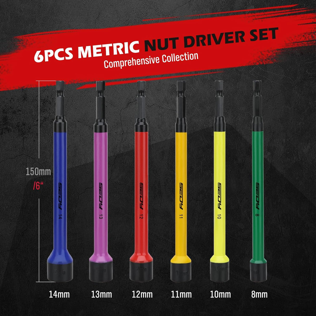 6-piece metric magnetic nut driver set with 1/4 inch hex shank, color-coded handles, and deep magnetic heads for drills
