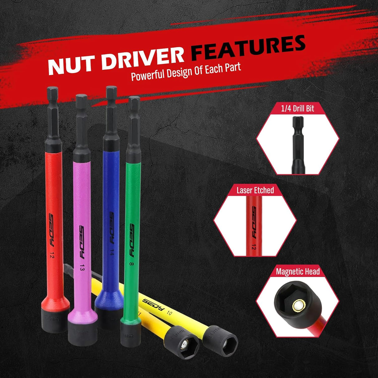 6-piece metric magnetic nut driver set with 1/4 inch hex shank, color-coded handles, and deep magnetic heads for drills