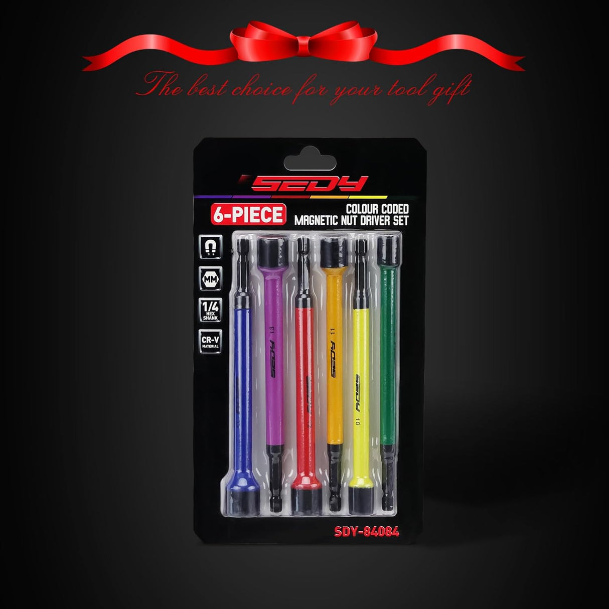 6-piece metric magnetic nut driver set with 1/4 inch hex shank, color-coded handles, and deep magnetic heads for drills