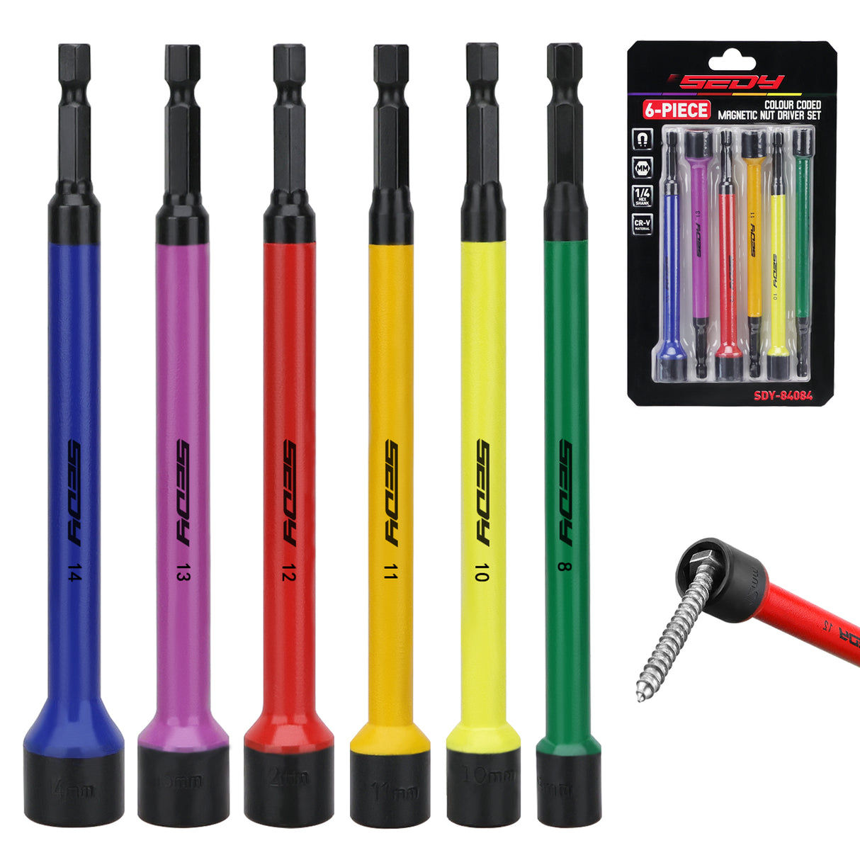 6-piece metric magnetic nut driver set with 1/4 inch hex shank, color-coded handles, and deep magnetic heads for drills