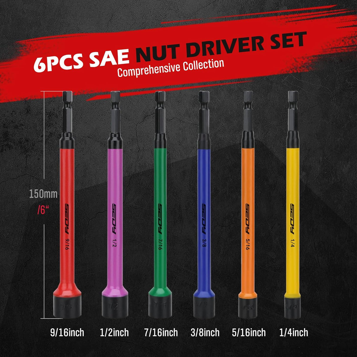 6-piece color-coded SAE magnetic nut driver set with 1/4 inch hex shank and extended shaft for impact drills