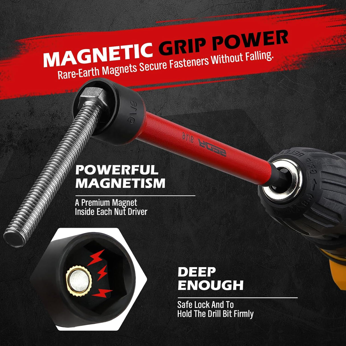 6-piece color-coded SAE magnetic nut driver set with 1/4 inch hex shank and extended shaft for impact drills