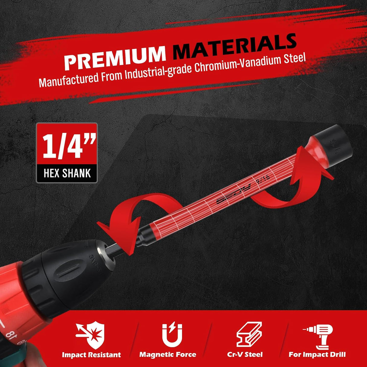 6-piece color-coded SAE magnetic nut driver set with 1/4 inch hex shank and extended shaft for impact drills