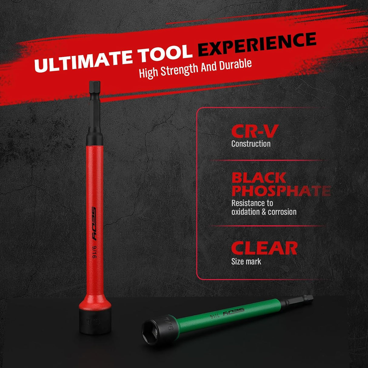 6-piece color-coded SAE magnetic nut driver set with 1/4 inch hex shank and extended shaft for impact drills