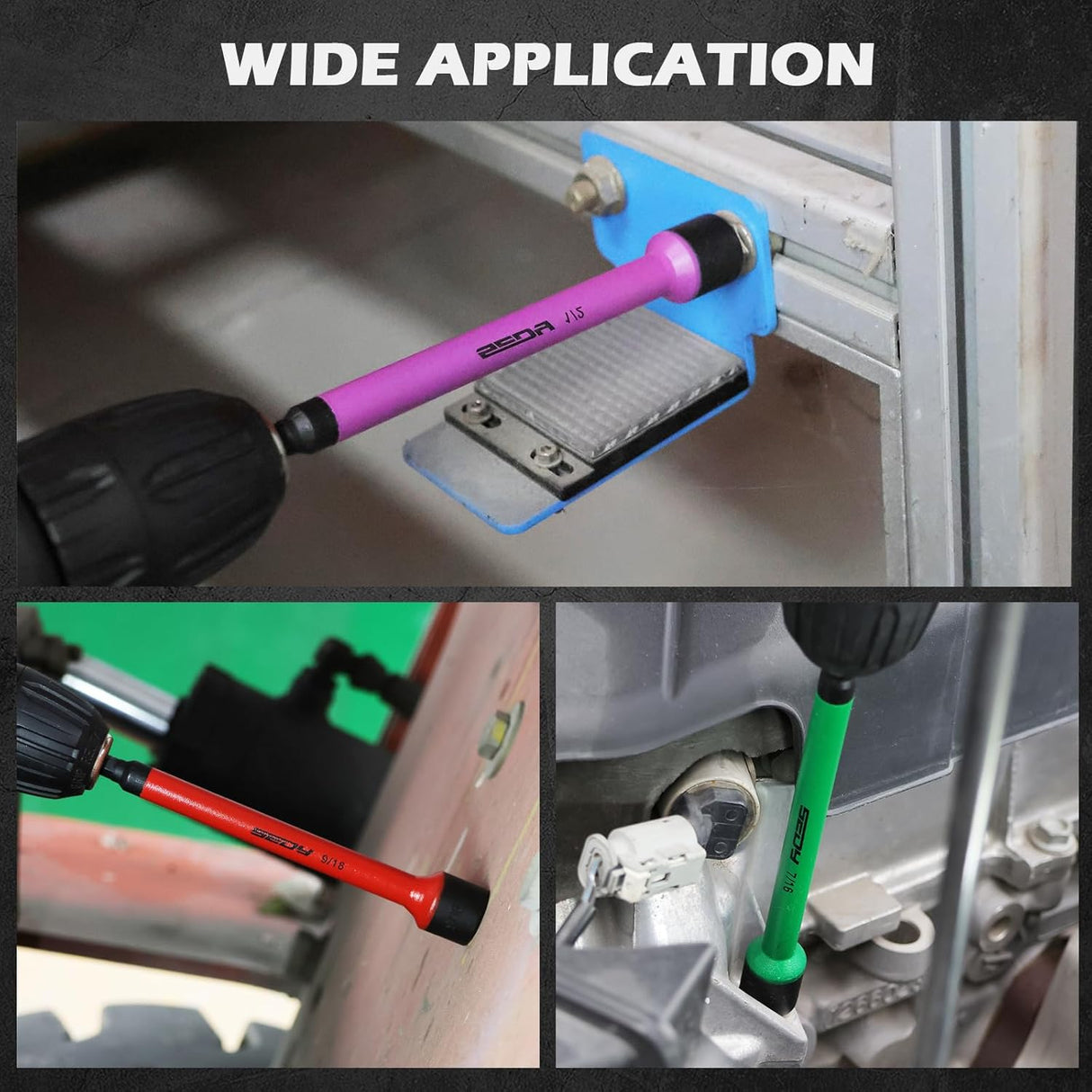 6-piece color-coded SAE magnetic nut driver set with 1/4 inch hex shank and extended shaft for impact drills