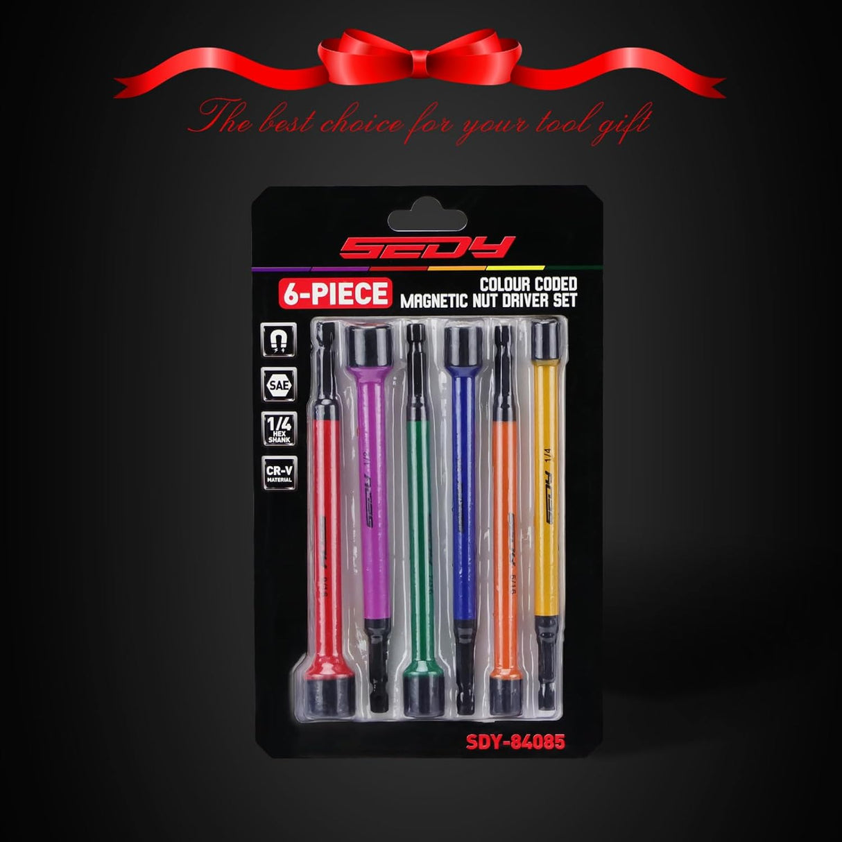 6-piece color-coded SAE magnetic nut driver set with 1/4 inch hex shank and extended shaft for impact drills