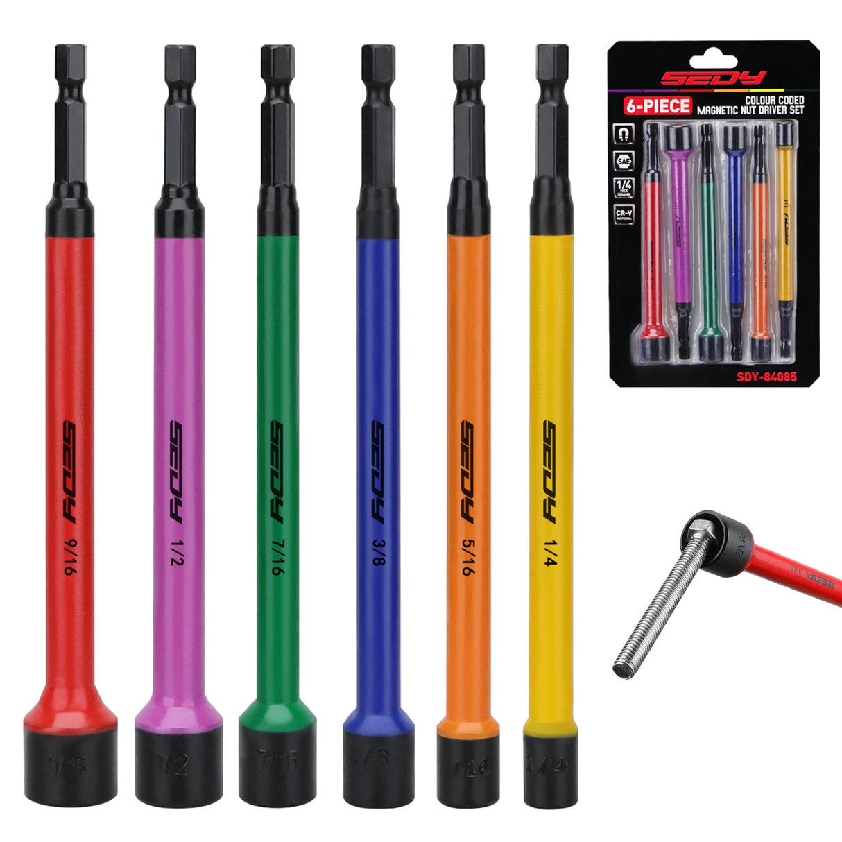 6-piece color-coded SAE magnetic nut driver set with 1/4 inch hex shank and extended shaft for impact drills