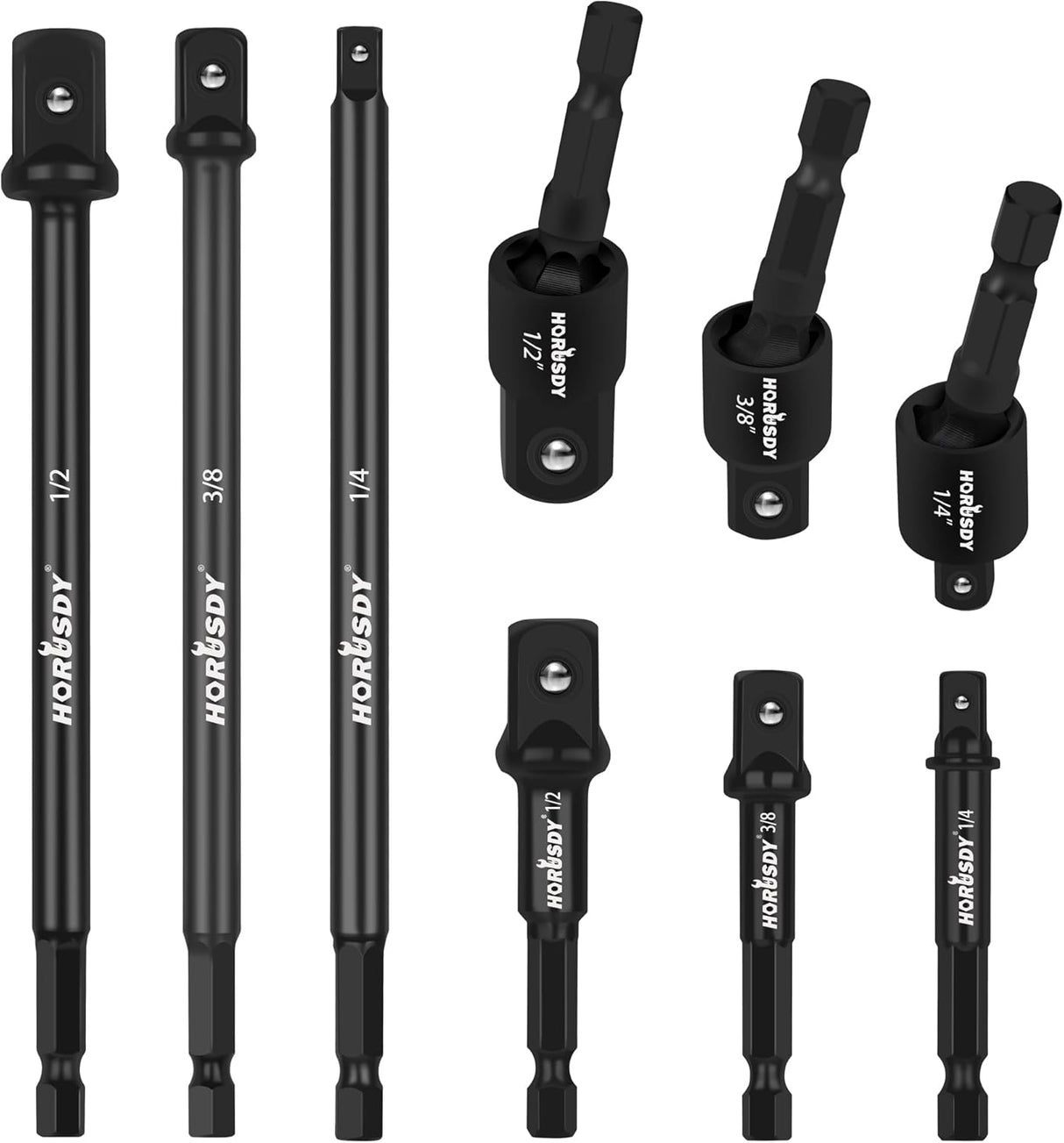 HORUSDY 9-piece 1/4" hex impact socket adapter set with CR-V steel, 1/4" 3/8" 1/2" drive, drill extensions, 360° swivel head, and black phosphate finish.