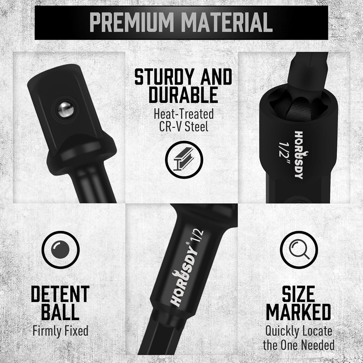 HORUSDY 9-piece 1/4" hex impact socket adapter set with CR-V steel, 1/4" 3/8" 1/2" drive, drill extensions, 360° swivel head, and black phosphate finish.
