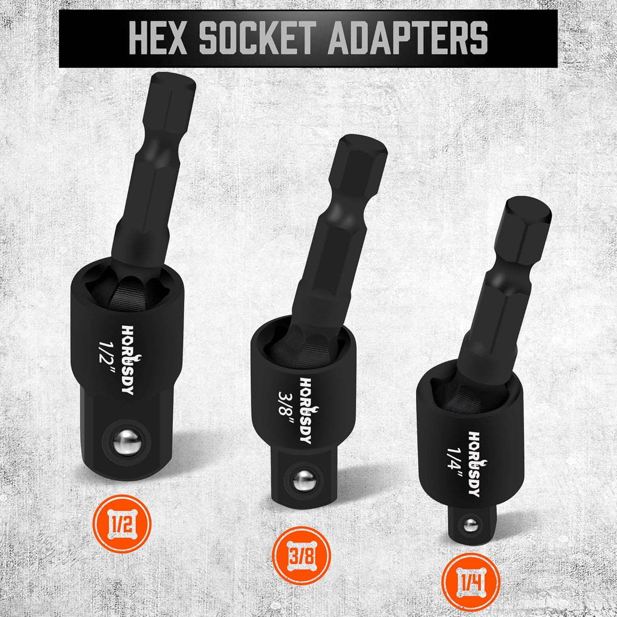 HORUSDY 9-piece 1/4" hex impact socket adapter set with CR-V steel, 1/4" 3/8" 1/2" drive, drill extensions, 360° swivel head, and black phosphate finish.