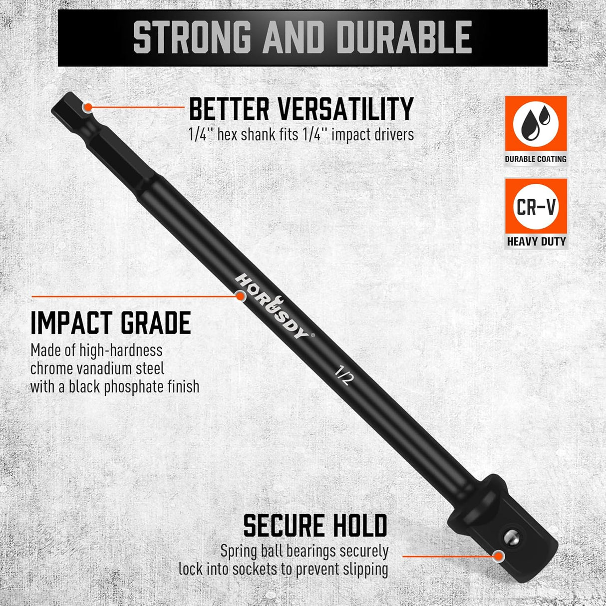 HORUSDY 9-piece 1/4" hex impact socket adapter set with CR-V steel, 1/4" 3/8" 1/2" drive, drill extensions, 360° swivel head, and black phosphate finish.
