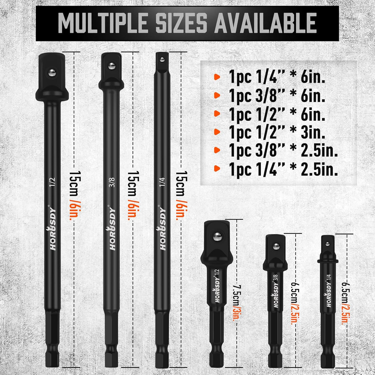 HORUSDY 9-piece 1/4" hex impact socket adapter set with CR-V steel, 1/4" 3/8" 1/2" drive, drill extensions, 360° swivel head, and black phosphate finish.