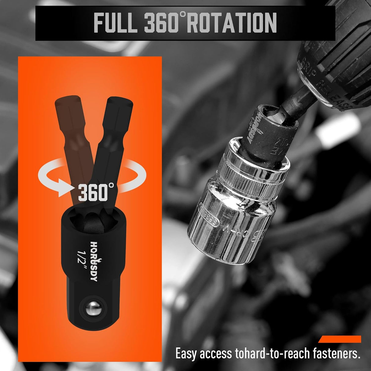 HORUSDY 9-piece 1/4" hex impact socket adapter set with CR-V steel, 1/4" 3/8" 1/2" drive, drill extensions, 360° swivel head, and black phosphate finish.