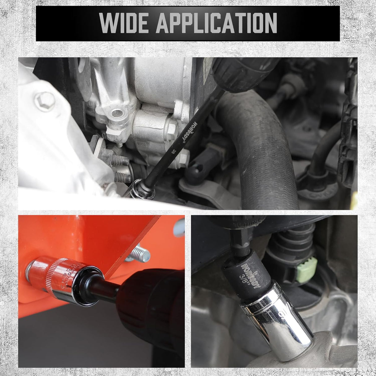 HORUSDY 9-piece 1/4" hex impact socket adapter set with CR-V steel, 1/4" 3/8" 1/2" drive, drill extensions, 360° swivel head, and black phosphate finish.