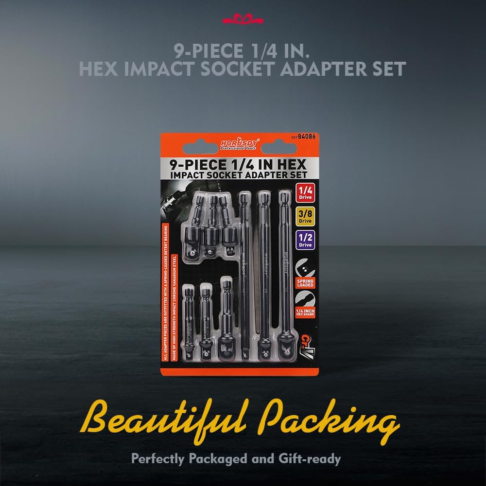 HORUSDY 9-piece 1/4" hex impact socket adapter set with CR-V steel, 1/4" 3/8" 1/2" drive, drill extensions, 360° swivel head, and black phosphate finish.