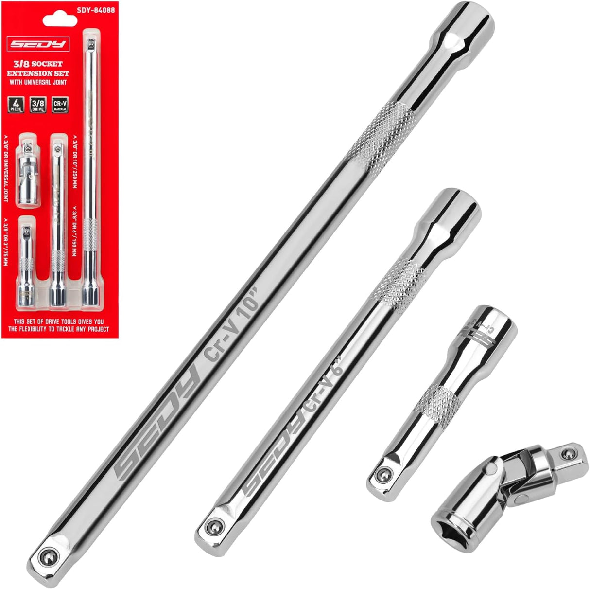 SEDY 3/8" drive extension bar set with universal joint, anti-slip grip, flexible reach, chrome vanadium steel for automotive and DIY socket wrench tasks