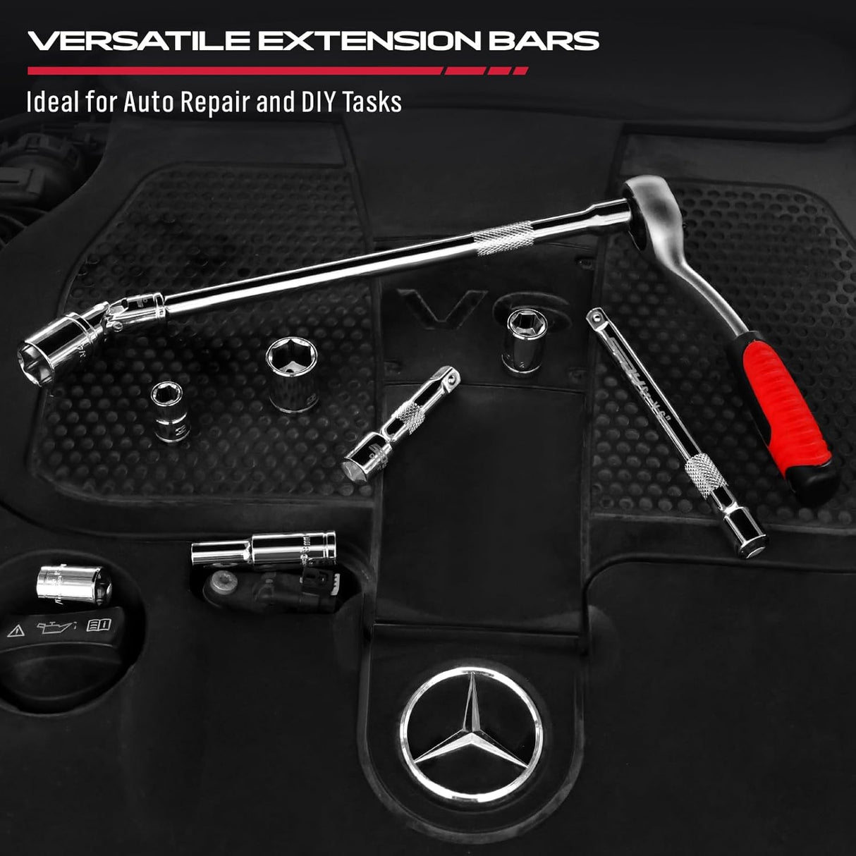 SEDY 3/8" drive extension bar set with universal joint, anti-slip grip, flexible reach, chrome vanadium steel for automotive and DIY socket wrench tasks