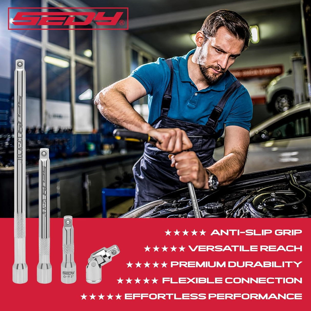 SEDY 3/8" drive extension bar set with universal joint, anti-slip grip, flexible reach, chrome vanadium steel for automotive and DIY socket wrench tasks