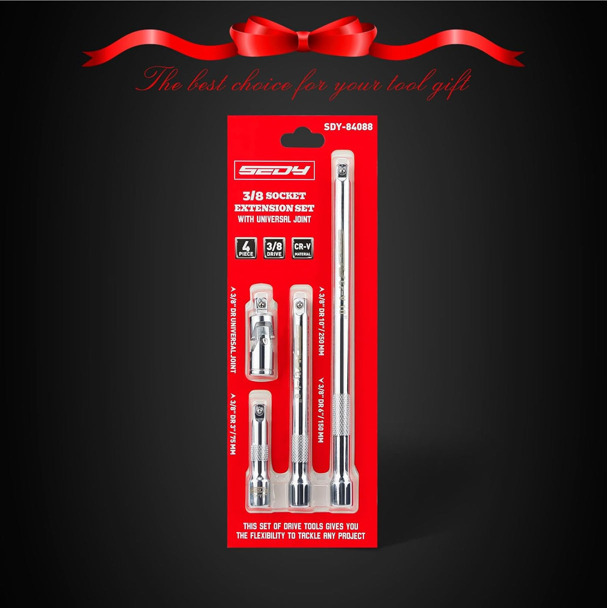 SEDY 3/8" drive extension bar set with universal joint, anti-slip grip, flexible reach, chrome vanadium steel for automotive and DIY socket wrench tasks