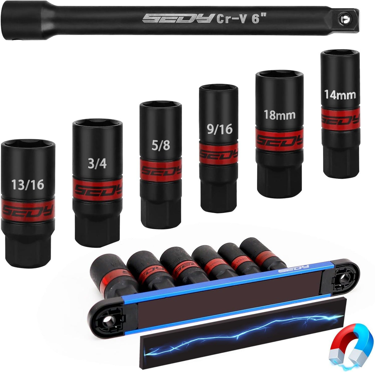 8-piece spark plug socket set with 3/8" drive, SAE & metric sizes, rubber retaining ring, 6” extension bar, and magnetic guide rail for tool storage and automotive maintenance.