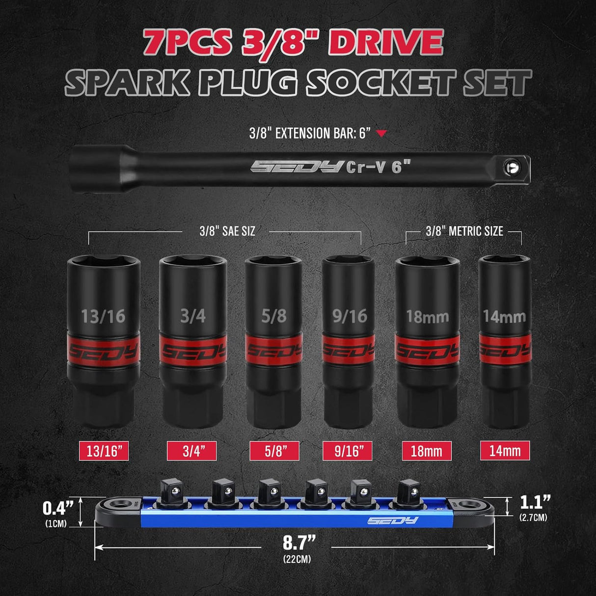 8-piece spark plug socket set with 3/8" drive, SAE & metric sizes, rubber retaining ring, 6” extension bar, and magnetic guide rail for tool storage and automotive maintenance.