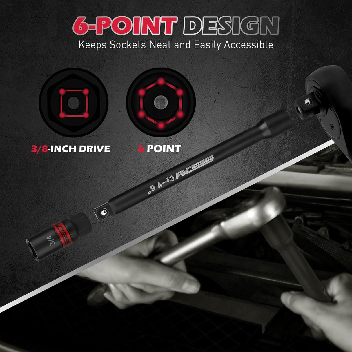 8-piece spark plug socket set with 3/8" drive, SAE & metric sizes, rubber retaining ring, 6” extension bar, and magnetic guide rail for tool storage and automotive maintenance.