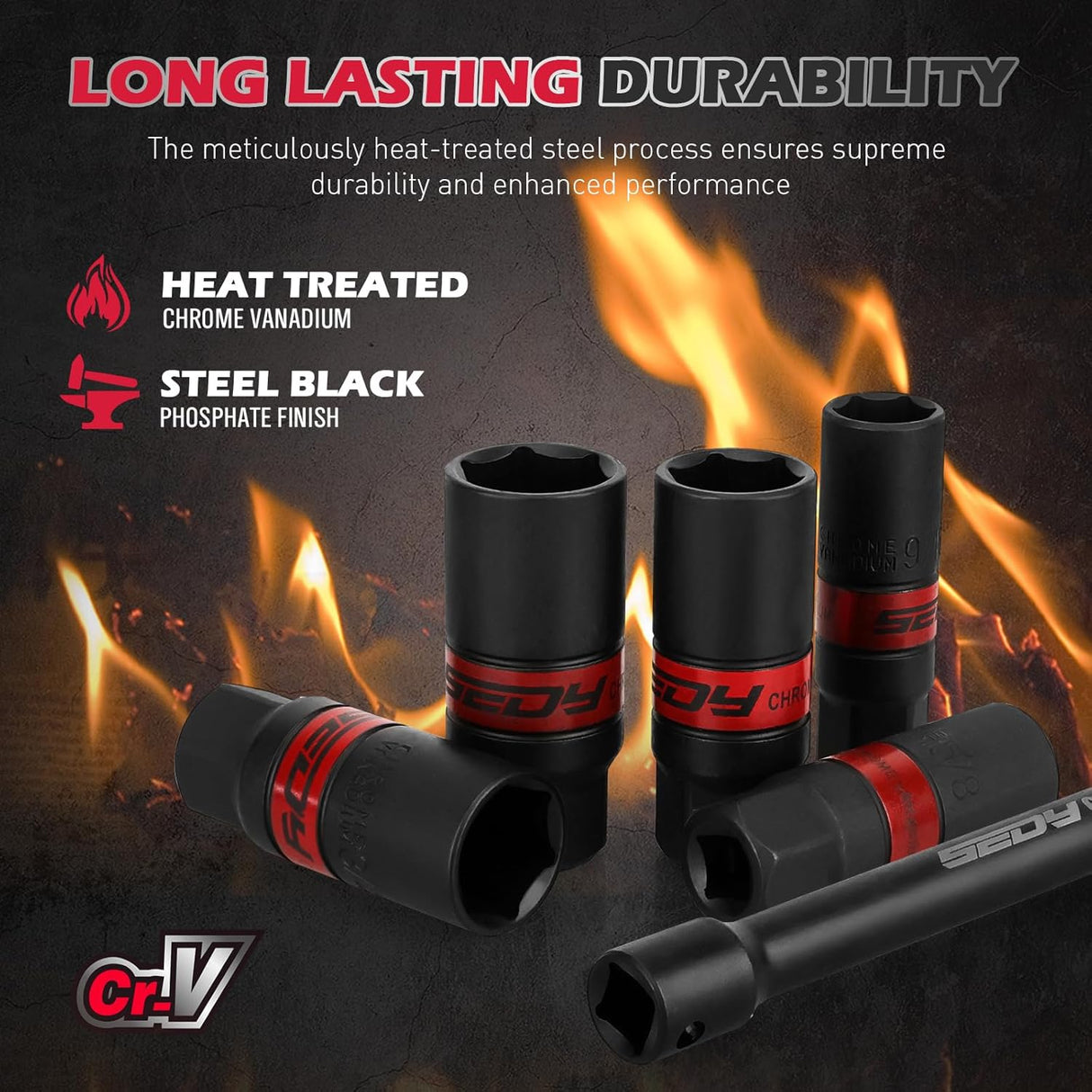 8-piece spark plug socket set with 3/8" drive, SAE & metric sizes, rubber retaining ring, 6” extension bar, and magnetic guide rail for tool storage and automotive maintenance.