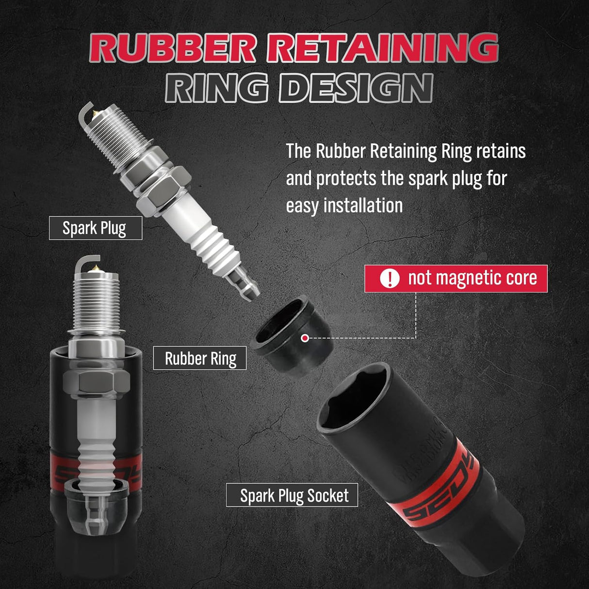 8-piece spark plug socket set with 3/8" drive, SAE & metric sizes, rubber retaining ring, 6” extension bar, and magnetic guide rail for tool storage and automotive maintenance.