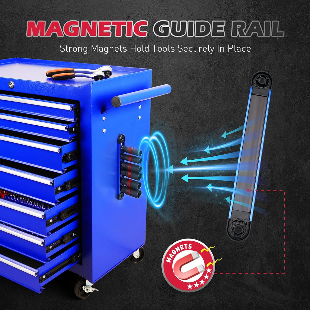 8-piece spark plug socket set with 3/8" drive, SAE & metric sizes, rubber retaining ring, 6” extension bar, and magnetic guide rail for tool storage and automotive maintenance.