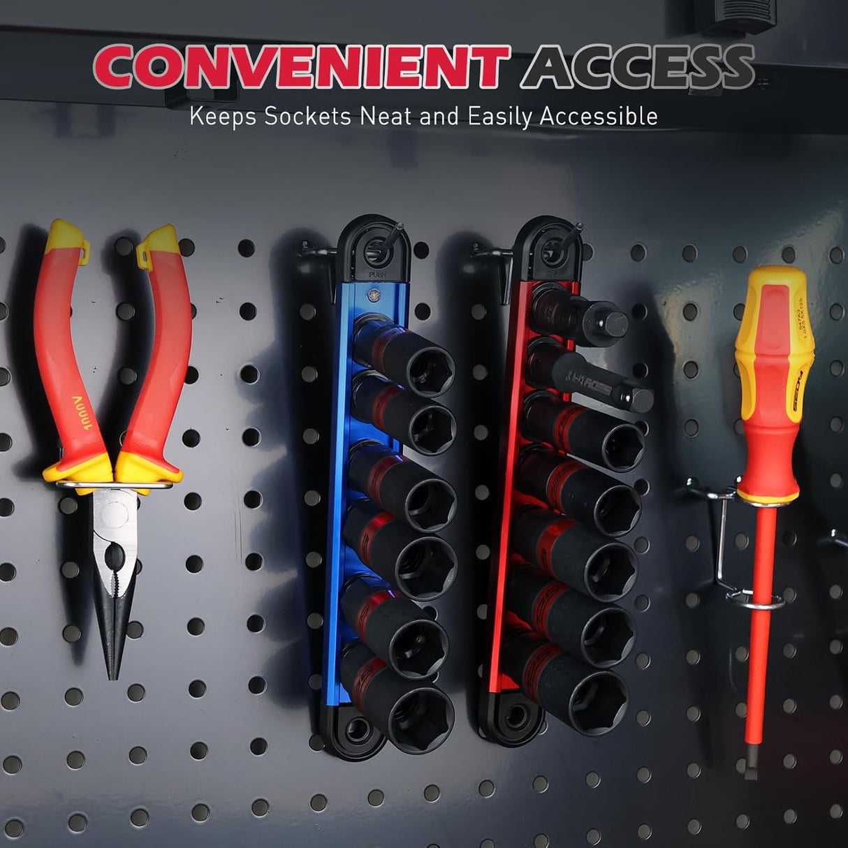 8-piece spark plug socket set with 3/8" drive, SAE & metric sizes, rubber retaining ring, 6” extension bar, and magnetic guide rail for tool storage and automotive maintenance.