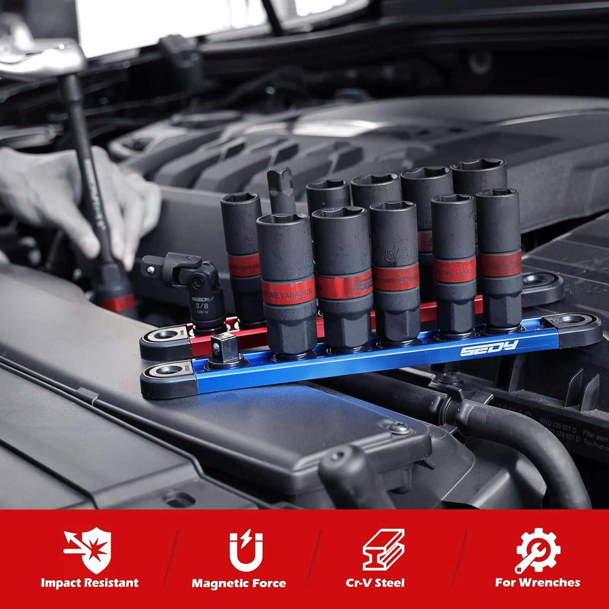 8-piece spark plug socket set with 3/8" drive, SAE & metric sizes, rubber retaining ring, 6” extension bar, and magnetic guide rail for tool storage and automotive maintenance.