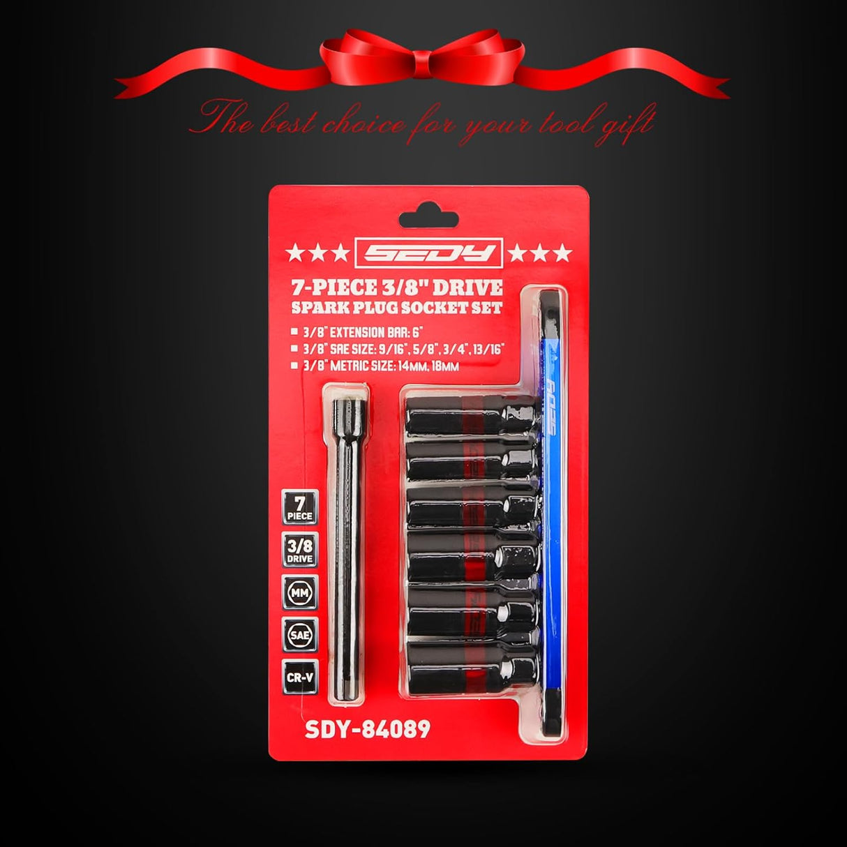 8-piece spark plug socket set with 3/8" drive, SAE & metric sizes, rubber retaining ring, 6” extension bar, and magnetic guide rail for tool storage and automotive maintenance.