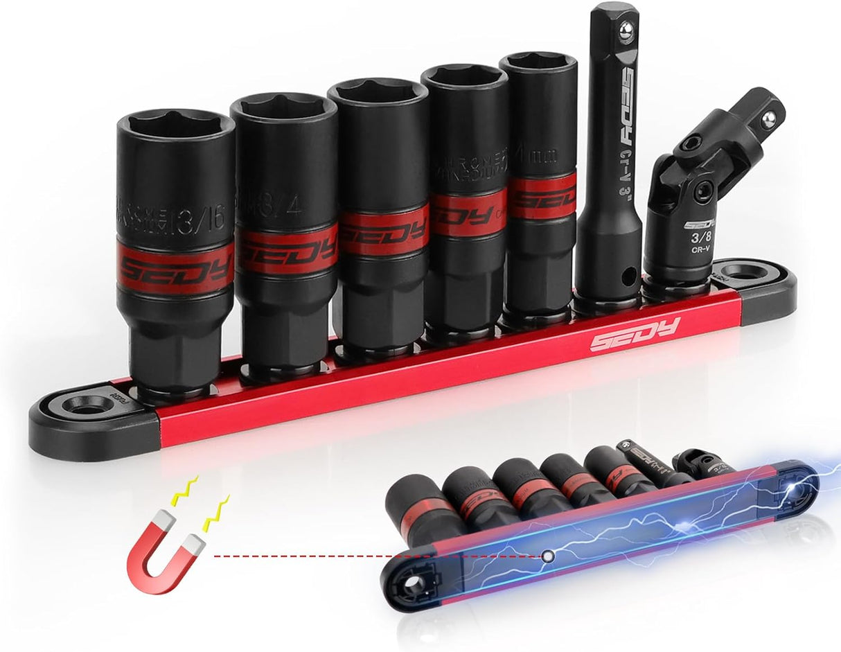 SEDY 8-piece spark plug socket set with SAE and metric sockets, magnetic rail, and CR-V construction for automotive repair