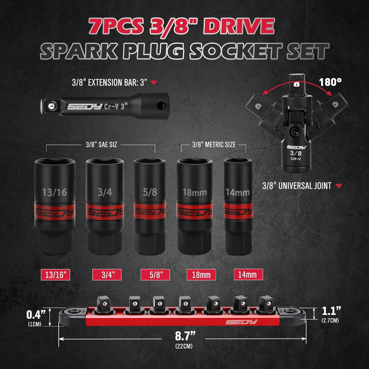 SEDY 8-piece spark plug socket set with SAE and metric sockets, magnetic rail, and CR-V construction for automotive repair