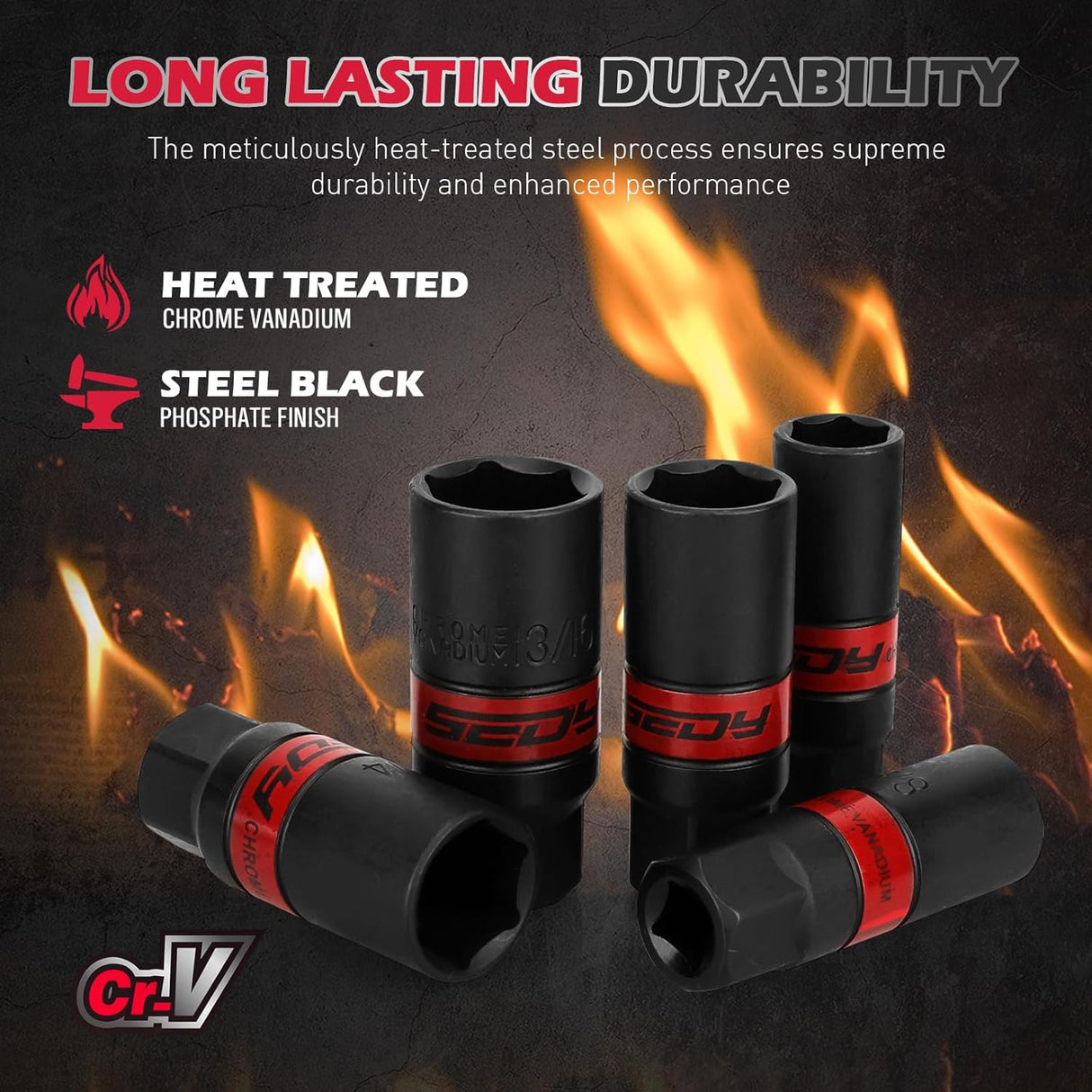 SEDY 8-piece spark plug socket set with SAE and metric sockets, magnetic rail, and CR-V construction for automotive repair