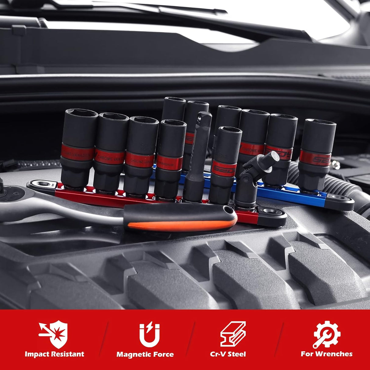 SEDY 8-piece spark plug socket set with SAE and metric sockets, magnetic rail, and CR-V construction for automotive repair