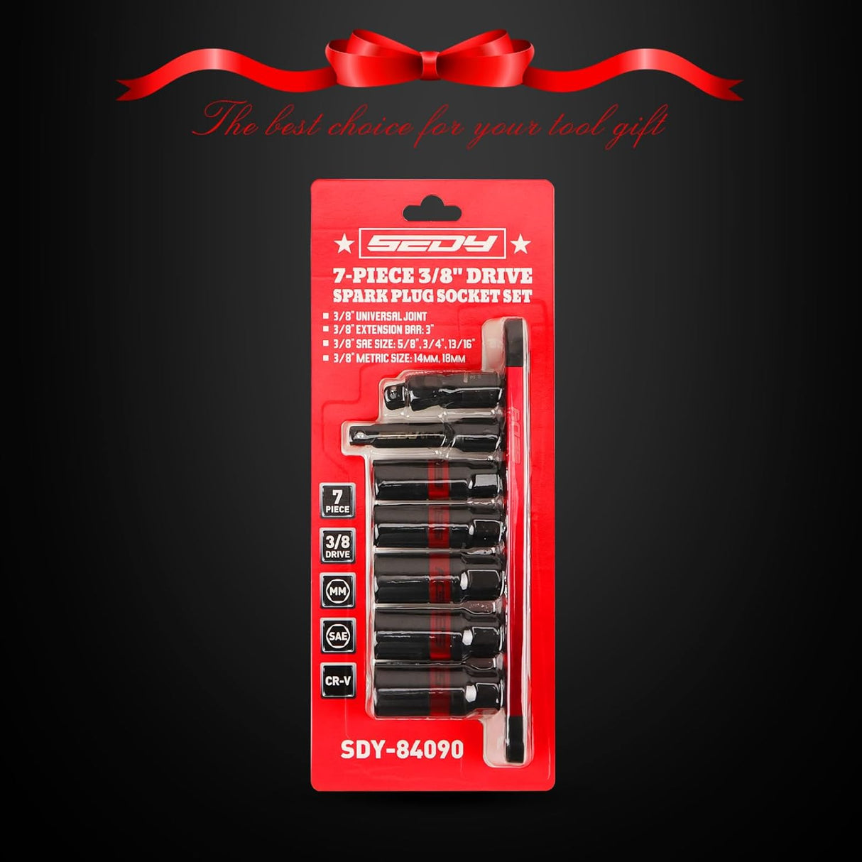 SEDY 8-piece spark plug socket set with SAE and metric sockets, magnetic rail, and CR-V construction for automotive repair