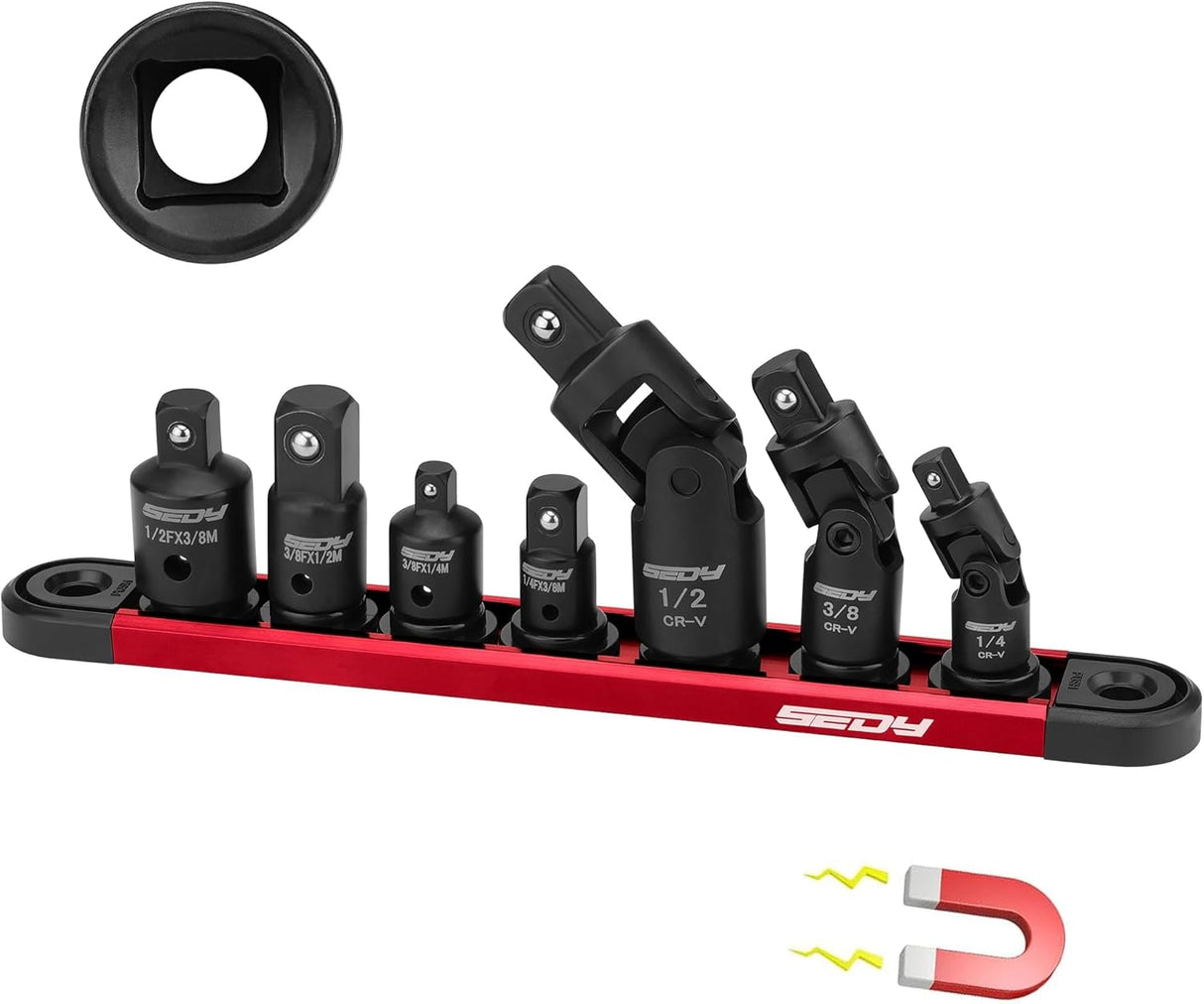 SEDY 7-piece socket adapter and universal joint set with magnetic holder, CR-V construction, impact grade, for automotive and DIY tools