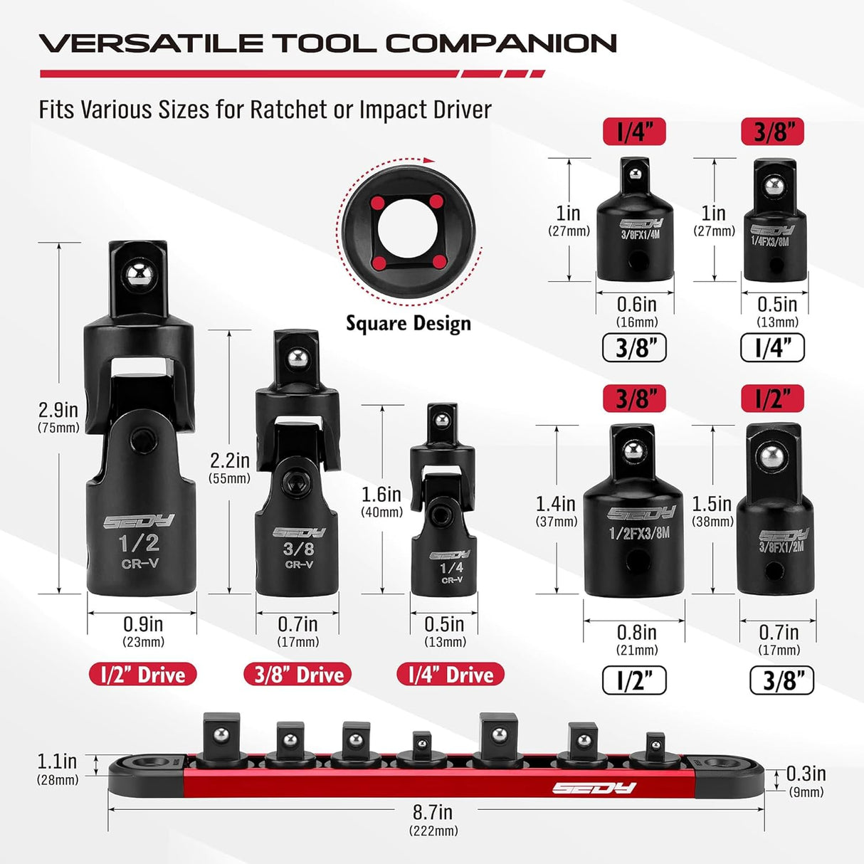 SEDY 7-piece socket adapter and universal joint set with magnetic holder, CR-V construction, impact grade, for automotive and DIY tools
