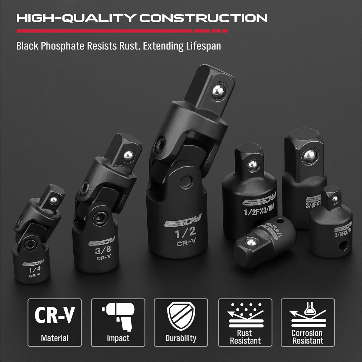 SEDY 7-piece socket adapter and universal joint set with magnetic holder, CR-V construction, impact grade, for automotive and DIY tools