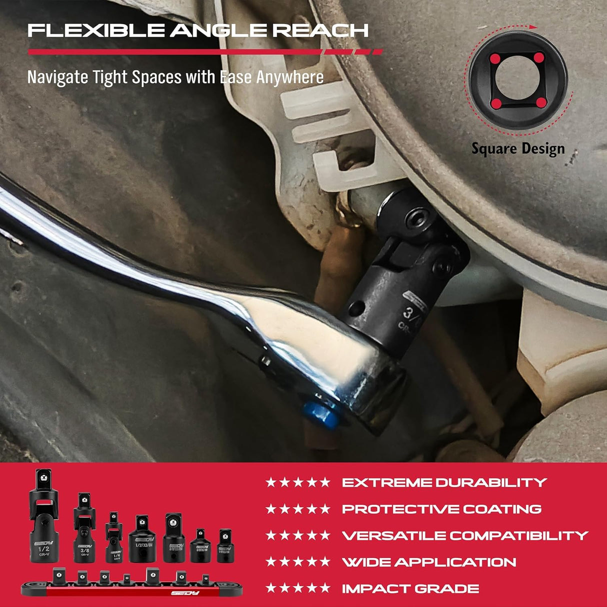 SEDY 7-piece socket adapter and universal joint set with magnetic holder, CR-V construction, impact grade, for automotive and DIY tools