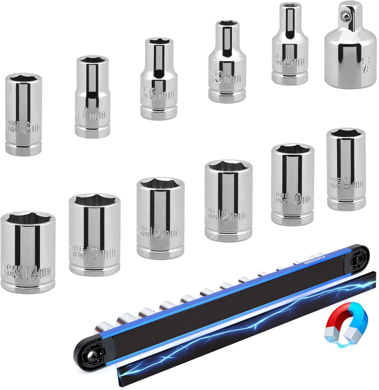 12-Piece 1/4" Metric Socket Set with Universal Joint, Extension Bars, Magnetic Guide Rail, and Tool Organization Rack