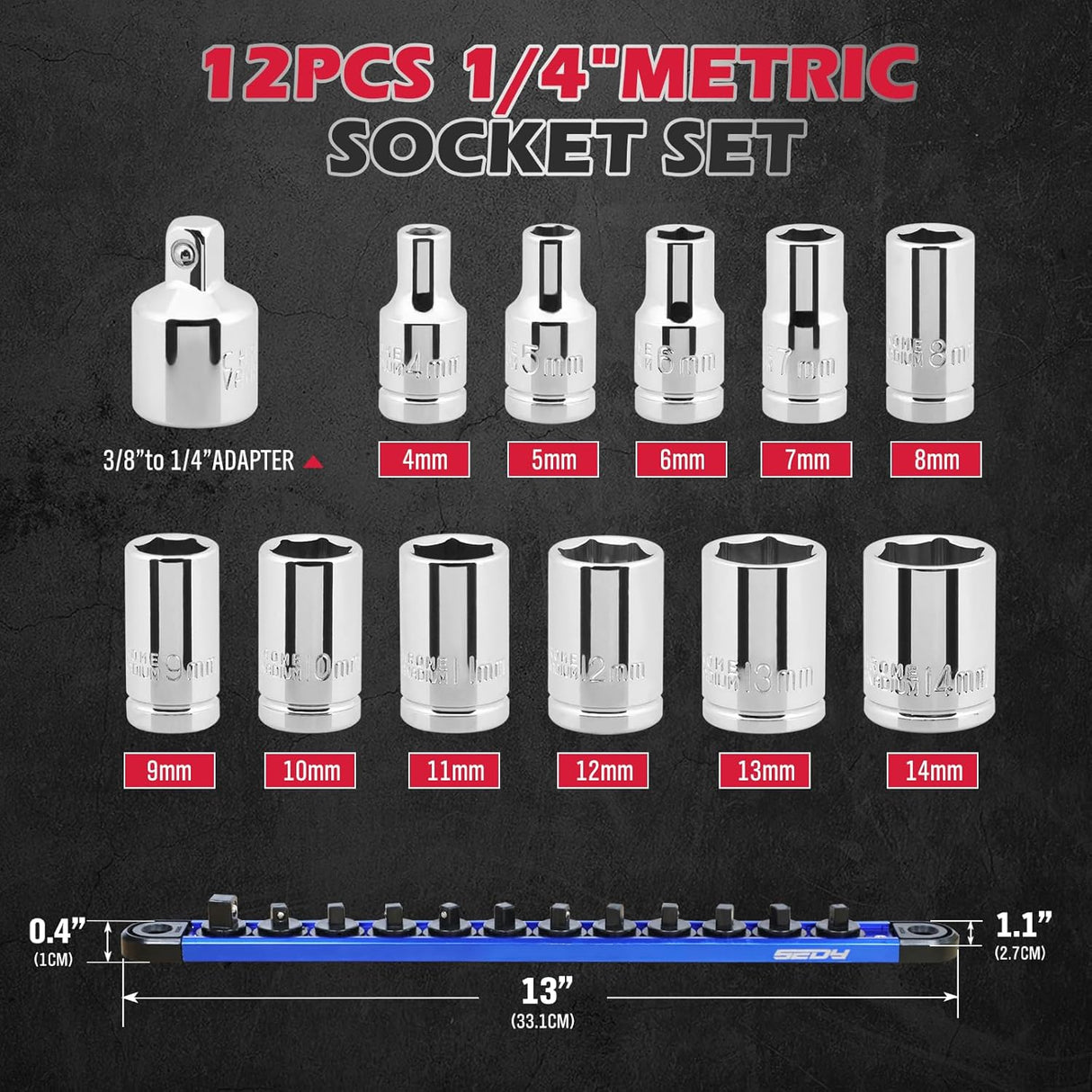 12-Piece 1/4" Metric Socket Set with Universal Joint, Extension Bars, Magnetic Guide Rail, and Tool Organization Rack