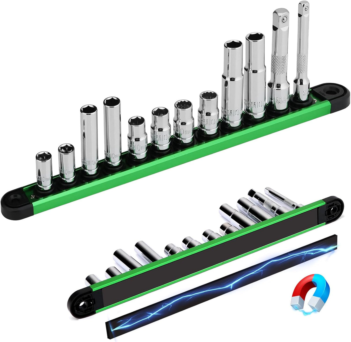 12-Piece 1/4" & 3/8" Drive 10mm Socket Set with Extension Bars, Magnetic Storage Rail, and Cr-V Material, Featuring 6 & 12 Point Designs