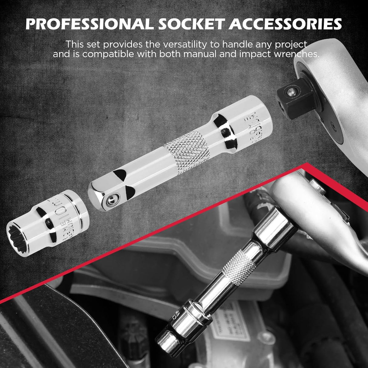 12-Piece 1/4" & 3/8" Drive 10mm Socket Set with Extension Bars, Magnetic Storage Rail, and Cr-V Material, Featuring 6 & 12 Point Designs
